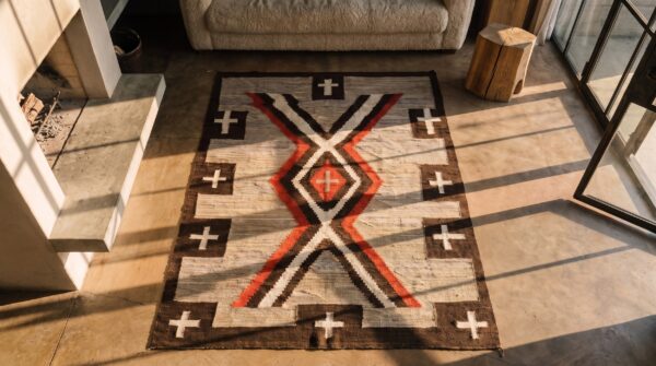 Antique navajo native american earth tone color flat woven rug 2 Antique navajo native american earth tone color flat woven rug (sku 21305) - styled overhead view
