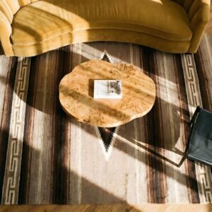 Antique Navajo Native American Geometric Flat Weave Rug (SKU 24912) - styled overhead view