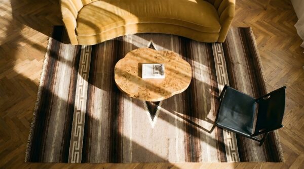 Antique navajo native american geometric flat weave rug 2 Antique navajo native american geometric flat weave rug (sku 24912) - styled overhead view