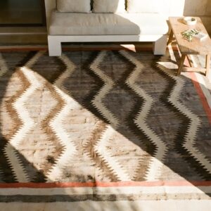 Antique Navajo Native American Geometric Flat Weave Gray Rug (SKU 25158) - styled overhead view