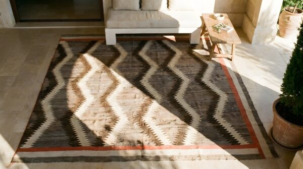 Antique navajo native american geometric flat weave gray rug 2 Antique navajo native american geometric flat weave gray rug (sku 25158) - styled overhead view