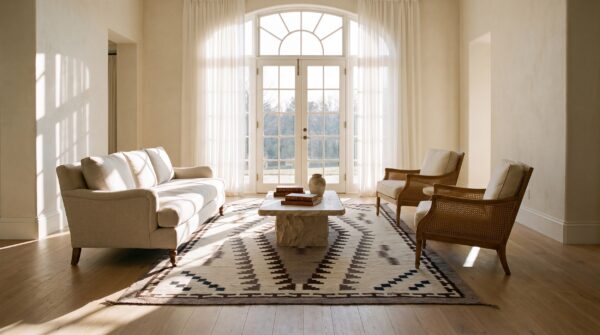 Antique navajo native american medallion white and black color flatweave rug (sku 23616) - room view