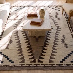 Antique Navajo Native American Medallion White and Black Color Flatweave Rug (SKU 23616) - styled overhead view