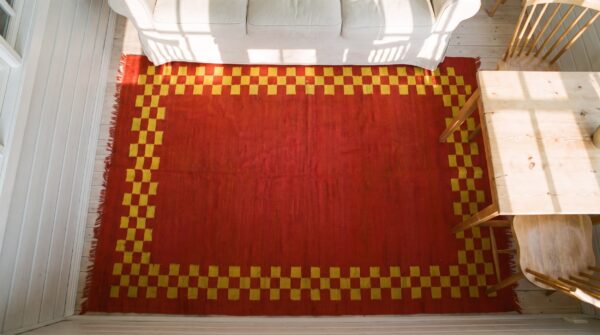 Antique navajo - rio grande small scatter size wool red rug 2 Antique navajo - rio grande small scatter size wool red rug (sku 25543) - styled overhead view