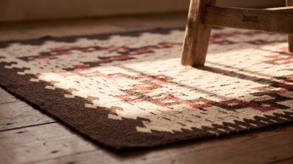 Antique navajo small scatter size wool beige rug 11 Antique navajo small scatter size wool beige rug (sku 23620) - in-room detail