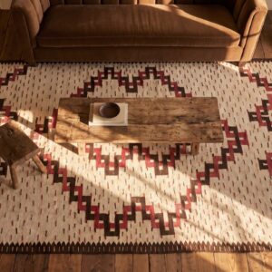Antique Navajo Small Scatter Size Wool Beige Rug (SKU 23620) - styled overhead view