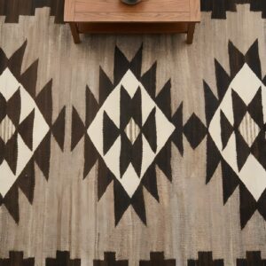 Antique Navajo Small Scatter Size Wool Black, Grey Rug (SKU 24191) - styled overhead view