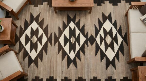 Antique navajo small scatter size wool black, grey rug 2 Antique navajo small scatter size wool black, grey rug (sku 24191) - styled overhead view