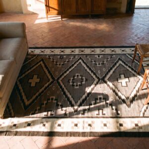 Antique Navajo Small Scatter Size Wool Gray, Ivory Beige Cream White Rug (SKU 24664) - styled overhead view