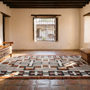 Antique Navajo Small Scatter Size Wool Gray, Red, White Rug (SKU 24677) - room view
