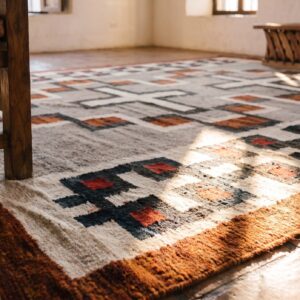 Antique Navajo Small Scatter Size Wool Gray, Red, White Rug (SKU 24677) - in-room detail