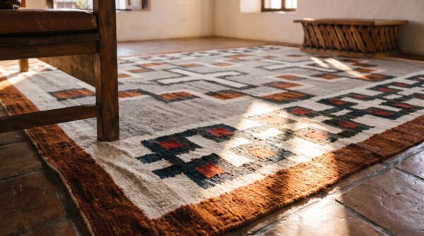 Antique navajo small scatter size wool gray, red, white rug 11 Antique navajo small scatter size wool gray, red, white rug (sku 24677) - in-room detail