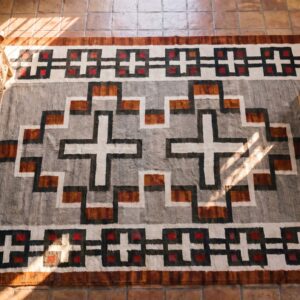 Antique Navajo Small Scatter Size Wool Gray, Red, White Rug (SKU 24677) - styled overhead view