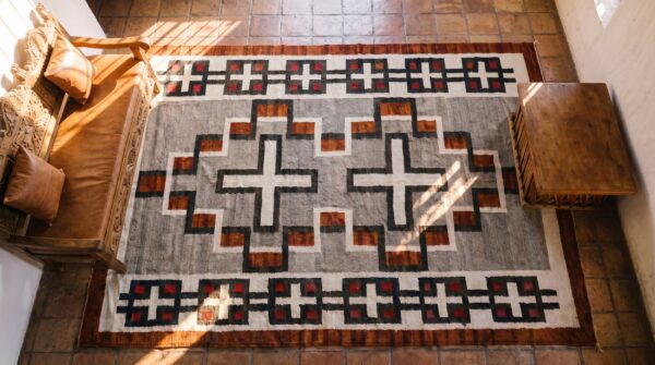Antique navajo small scatter size wool gray, red, white rug 2 Antique navajo small scatter size wool gray, red, white rug (sku 24677) - styled overhead view