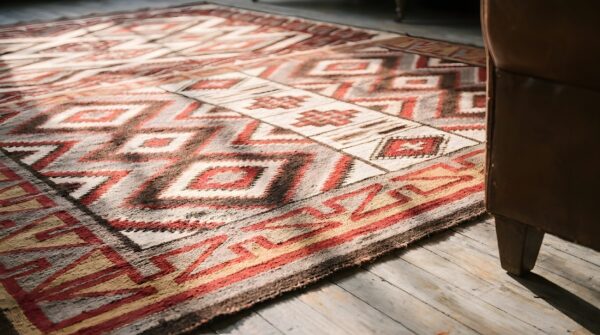Antique navajo small scatter size wool grey color native american flatweave rug 11 Antique navajo small scatter size wool grey color native american flatweave rug (sku 22906) - in-room detail
