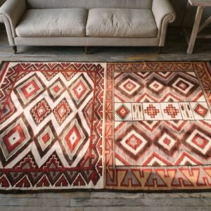 Antique Navajo Small Scatter Size Wool Grey Color Native American Flatweave Rug (SKU 22906) - styled overhead view