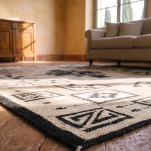 Antique Navajo Small Scatter Size Wool Ivory Beige Cream White Rug (SKU 24429) - in-room detail