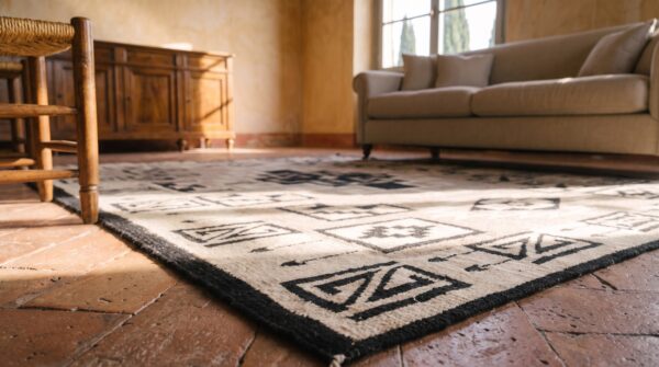 Antique navajo small scatter size wool ivory beige cream white rug 11 Antique navajo small scatter size wool ivory beige cream white rug (sku 24429) - in-room detail