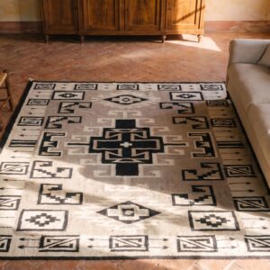 Antique Navajo Small Scatter Size Wool Ivory Beige Cream White Rug (SKU 24429) - styled overhead view
