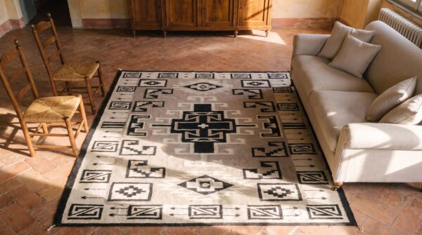 Antique navajo small scatter size wool ivory beige cream white rug 2 Antique navajo small scatter size wool ivory beige cream white rug (sku 24429) - styled overhead view