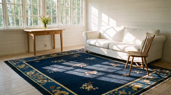 Antique navy blue allover floral chinese square peking rug 10 Antique navy blue allover floral chinese square peking rug (sku 25120) - room view