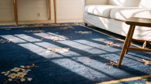 Antique navy blue allover floral chinese square peking rug 11 Antique navy blue allover floral chinese square peking rug (sku 25120) - in-room detail