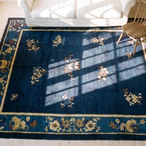 Antique Navy Blue Allover Floral Chinese Square Peking Rug (SKU 25120) - styled overhead view