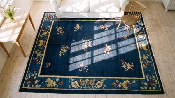 Antique navy blue allover floral chinese square peking rug 2 Antique navy blue allover floral chinese square peking rug (sku 25120) - styled overhead view