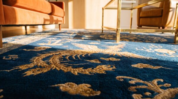 Navy blue color artistic antique wool pile chinese peking rug (sku 25070) - in-room detail