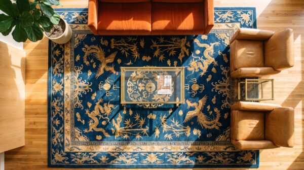 Navy blue color artistic antique wool pile chinese peking rug (sku 25070) - styled overhead view