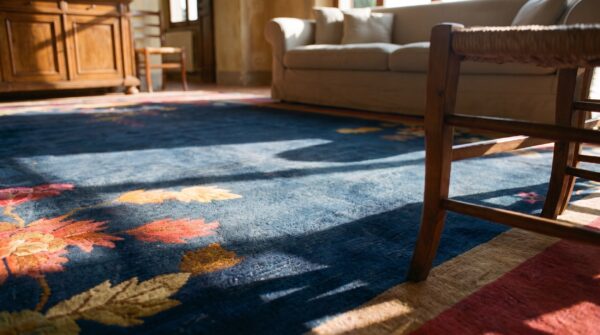 Antique navy blue field color floral art deco chinese allover rug 7 Antique navy blue field color floral art deco chinese allover rug (sku 24222) - in-room detail