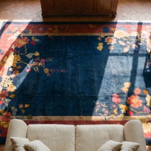 Antique Navy Blue Field Color Floral Art Deco Chinese Allover Rug (SKU 24222) - styled overhead view