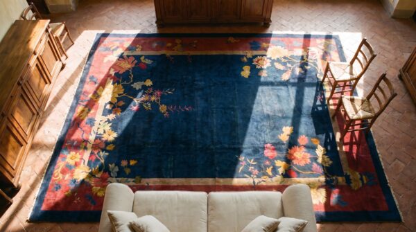 Antique navy blue field color floral art deco chinese allover rug 2 Antique navy blue field color floral art deco chinese allover rug (sku 24222) - styled overhead view