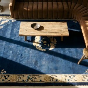 Navy Blue Field Antique Floral Medallion Hand Knotted Pile Chinese Peking Rug (SKU 25414) - styled overhead view
