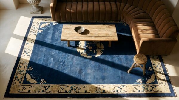 Navy blue field antique floral medallion hand knotted pile chinese peking rug 2 Navy blue field antique floral medallion hand knotted pile chinese peking rug (sku 25414) - styled overhead view