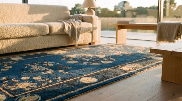 Navy blue antique floral chinese small scatter size ningxia rug 7 Navy blue antique floral chinese small scatter size ningxia rug (sku 23358) - in-room detail