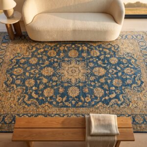 Navy Blue Antique Floral Chinese Small Scatter Size Ningxia Rug (SKU 23358) - styled overhead view