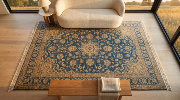 Navy blue antique floral chinese small scatter size ningxia rug 2 Navy blue antique floral chinese small scatter size ningxia rug (sku 23358) - styled overhead view