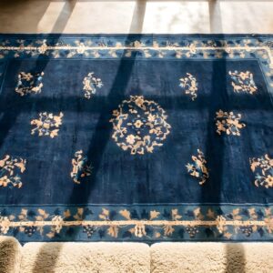 Antique Navy Blue Floral Medallion Chinese Late 19th Century Peking Rug (SKU 22995) - styled overhead view