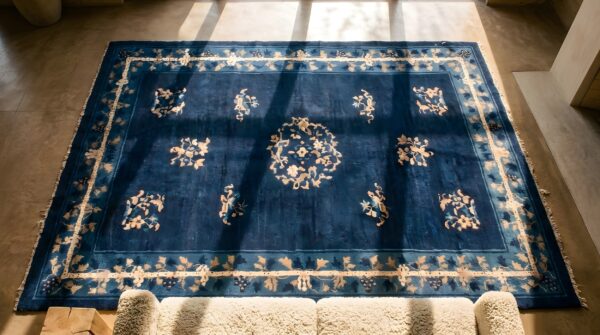Antique navy blue floral medallion chinese late 19th century peking rug 2 Antique navy blue floral medallion chinese late 19th century peking rug (sku 22995) - styled overhead view