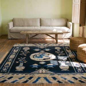 Navy Blue Antique Foo Dog Pattern Hand Knotted Chinese Wool Pile Rug (SKU 22508) - room view