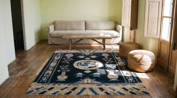Navy blue antique foo dog pattern hand knotted chinese wool pile rug 7 Navy blue antique foo dog pattern hand knotted chinese wool pile rug (sku 22508) - room view