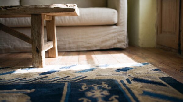 Navy blue antique foo dog pattern hand knotted chinese wool pile rug 8 Navy blue antique foo dog pattern hand knotted chinese wool pile rug (sku 22508) - in-room detail