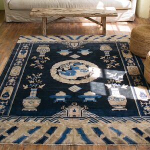 Navy Blue Antique Foo Dog Pattern Hand Knotted Chinese Wool Pile Rug (SKU 22508) - styled overhead view