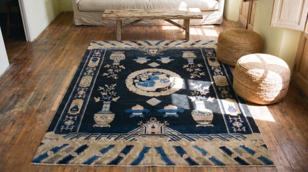 Navy blue antique foo dog pattern hand knotted chinese wool pile rug 2 Navy blue antique foo dog pattern hand knotted chinese wool pile rug (sku 22508) - styled overhead view