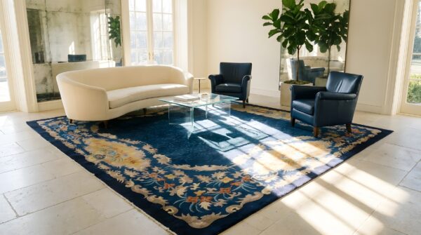 Antique navy blue open field art deco chinese minimalist rug 6 Antique navy blue open field art deco chinese minimalist rug (sku 23886) - room view