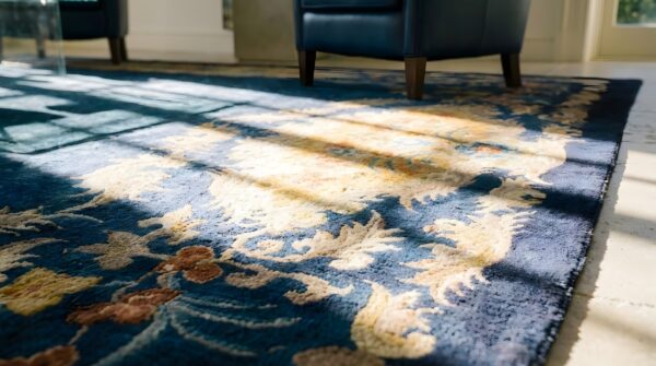 Antique navy blue open field art deco chinese minimalist rug 7 Antique navy blue open field art deco chinese minimalist rug (sku 23886) - in-room detail