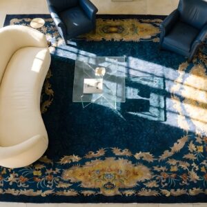 Antique Navy Blue Open Field Art Deco Chinese Minimalist Rug (SKU 23886) - styled overhead view