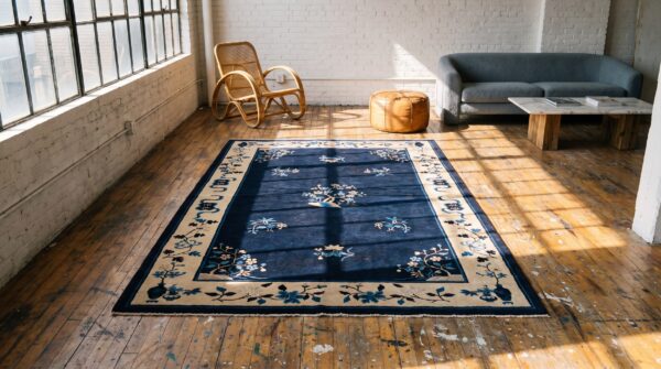 Antique navy blue open field floral tree medallion chinese peking rug 10 Antique navy blue open field floral tree medallion chinese peking rug (sku 23192) - room view