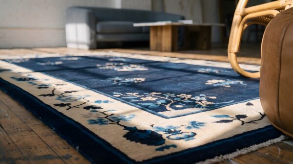 Antique navy blue open field floral tree medallion chinese peking rug 11 Antique navy blue open field floral tree medallion chinese peking rug (sku 23192) - in-room detail
